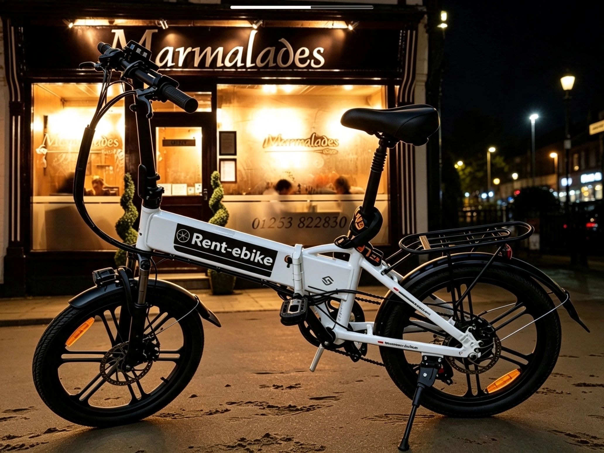 Rent E Bike folding bicycle storefront at night
