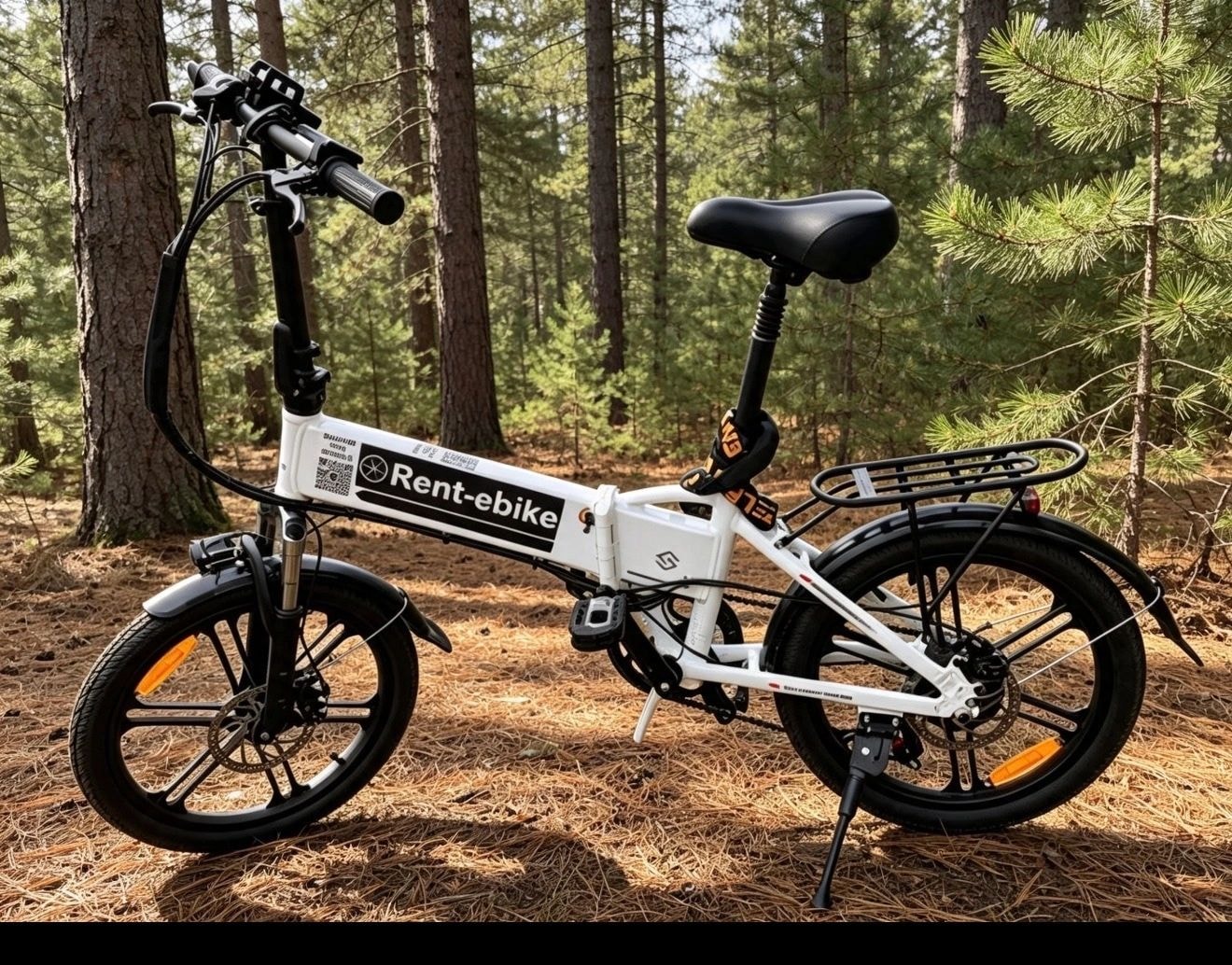 White rental e-bike on forest trail